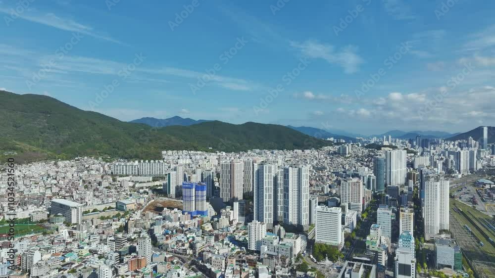 Drone View of Busan city in South Korea, Busan Station, Summer, 60fps Drone View of Busan city in South Korea, Busan Station, Summer, 60fps