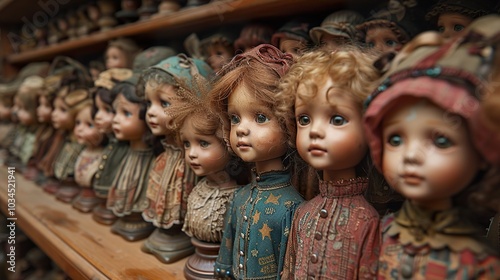 Vintage Porcelain Dolls Collection on Shelf photo