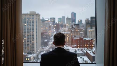 A businessman gazes at a snowy cityscape from a hotel room, contemplating opportunities in a bustling urban environment during winter