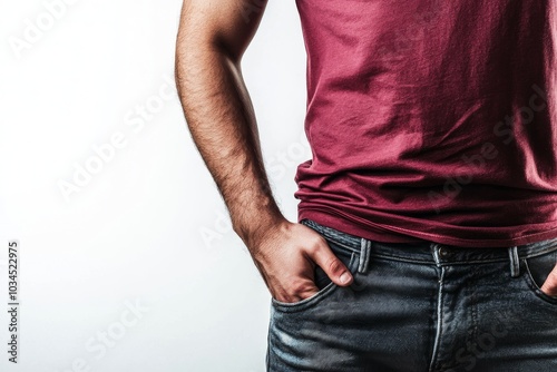 On white background, a man wears a red T-shirt