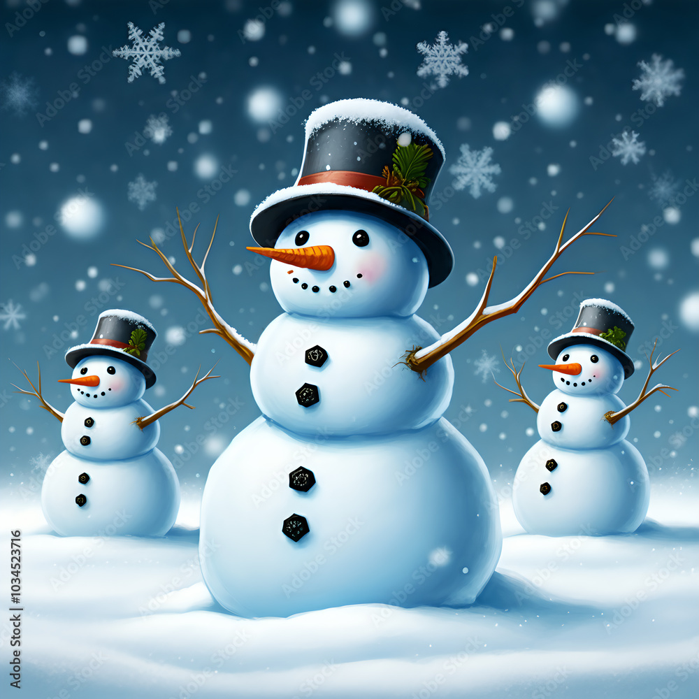 Three snowmen built with hat and carrot nose under snowy weather Three snowmen built with hat and carrot nose under snowy weather