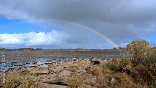 Obraz na płótnie Beautiful lakeside landscape scenery, Rainbow over Ross lake at Rosscahill, Galway, Ireland, nature background w salonie