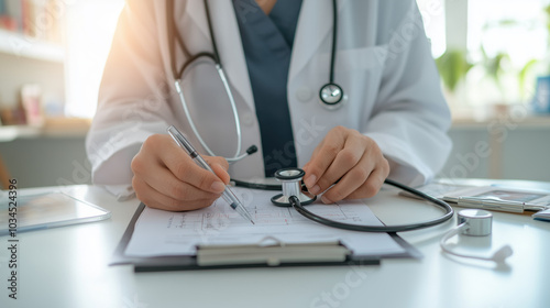 annual physical doctor checkup, annual exam concept. stethoscope on solid color background and copyspace