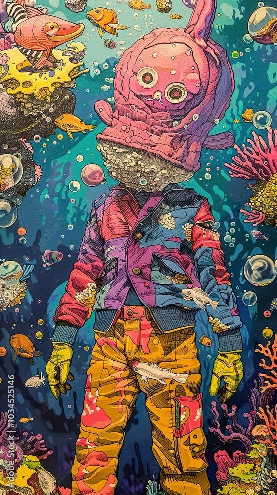 Surreal Underwater Creature with Coral Reef and Fish Surreal Underwater Creature with Coral Reef and Fish