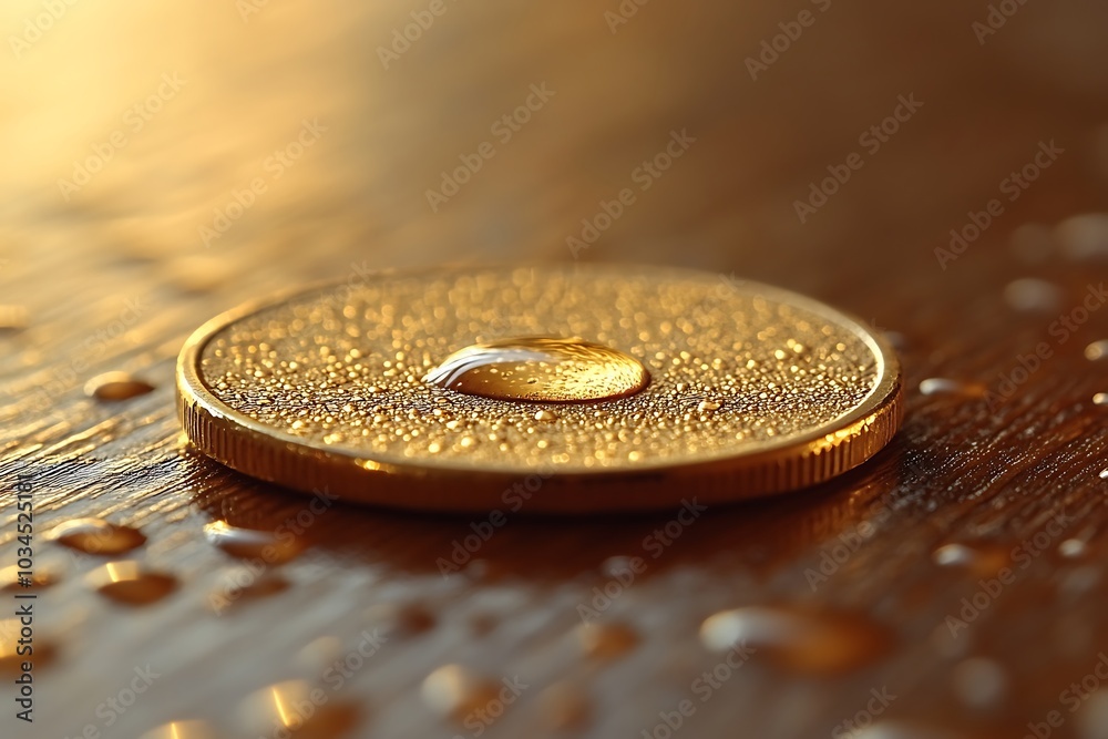 Golden coin with water drops on a wooden surface. Golden coin with water drops on a wooden surface.