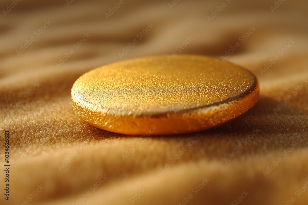 A shiny gold coin sits on a textured surface. A shiny gold coin sits on a textured surface.