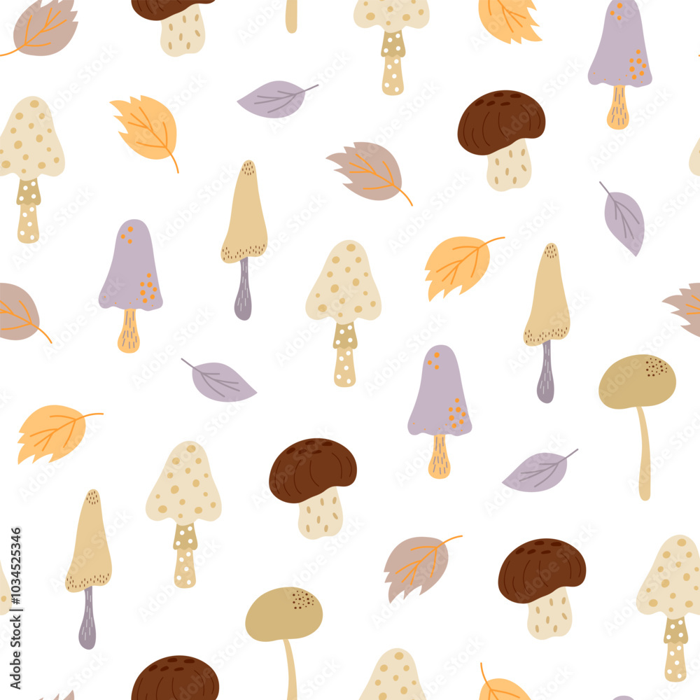 Mushroom, toadstool, leaves seamless pattern, seasonal Halloween hand drawn vector illustration of inedible fairy, magic fantasy witchcraft symbol of autumn holiday simple doodle style repeat ornament Mushroom, toadstool, leaves seamless pattern, seasonal Halloween hand drawn vector illustration of inedible fairy, magic fantasy witchcraft symbol of autumn holiday simple doodle style repeat ornament