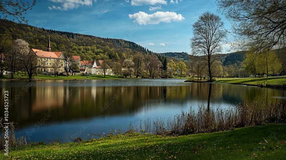 A serene lake reflects the blue sky and white clouds on a sunny day, with a quaint village nestled in the hills beyond A serene lake reflects the blue sky and white clouds on a sunny day, with a quaint village nestled in the hills beyond