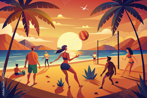 A vibrant beach volleyball match at sunset with friends enjoying the glowing horizon and warm weather by the ocean