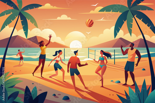 A vibrant beach volleyball match at sunset with friends enjoying the glowing horizon and warm weather by the ocean