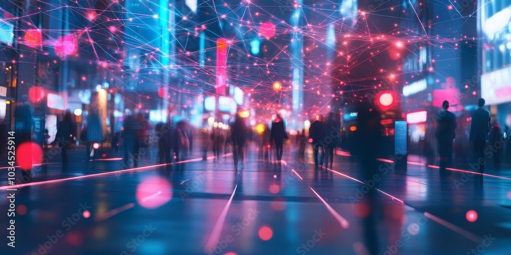 Blurred image of a city with neon lines connecting people and devices, representing digital communication and connected network Blurred image of a city with neon lines connecting people and devices, representing digital communication and connected network