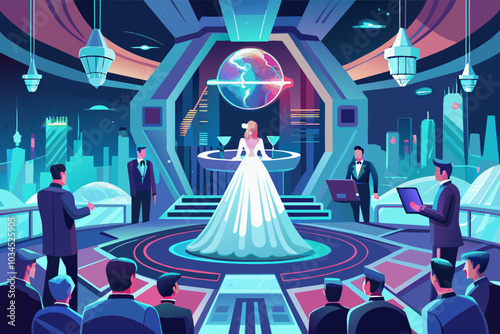 A futuristic gala event featuring a woman in a stunning white gown surrounded by men in suits, set against a vibrant city skyline at night in a high-tech venue