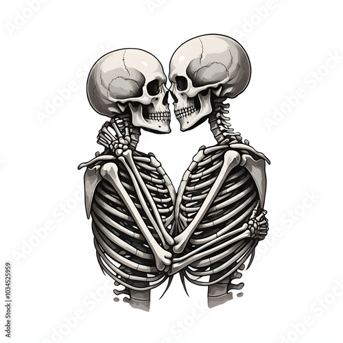 Skeleton couple hugging each eternal love together even in death