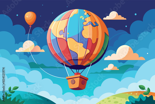 A whimsical hot air balloon floats over a vibrant island with colorful houses and lush greenery under a bright sky with fluffy clouds and additional balloons in the distance