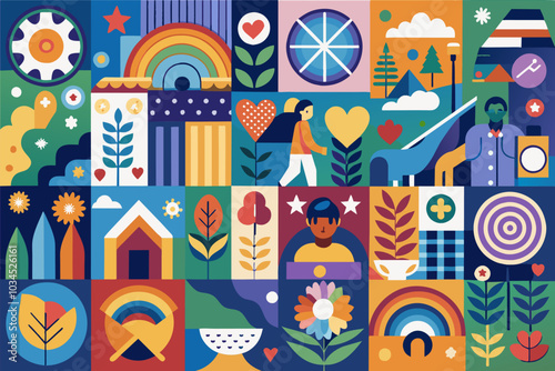 A vibrant collage of abstract illustrations depicting nature, community, and creativity, showcasing various shapes, colors, and symbols of connection and positivity