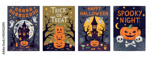 Happy Halloween set of postcards or party posters. Vector illustration with spooky castles, pumpkins, scary trees, ghosts, moon, bats, and spider web. 