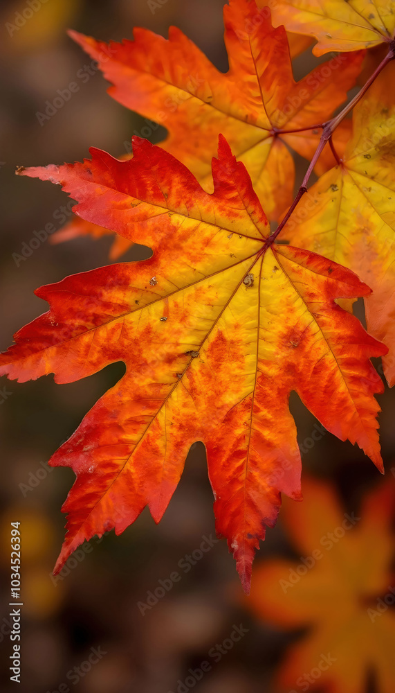 Close-up view of a vibrant maple leaf showcasing rich autumn colors, featuring deep reds, oranges, and yellows, highlighting the intricate veins and textures that embody fall's beauty Close-up view of a vibrant maple leaf showcasing rich autumn colors, featuring deep reds, oranges, and yellows, highlighting the intricate veins and textures that embody fall's beauty