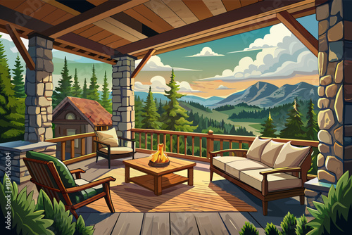 Relaxing outdoor lounge area with a cozy fireplace overlooking a tranquil lake surrounded by mountains during sunset