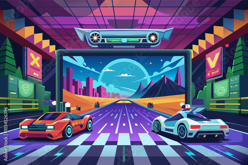 Futuristic racing scene with vibrant colors featuring two sleek sports cars on a virtual track under a stylized sky and landscape