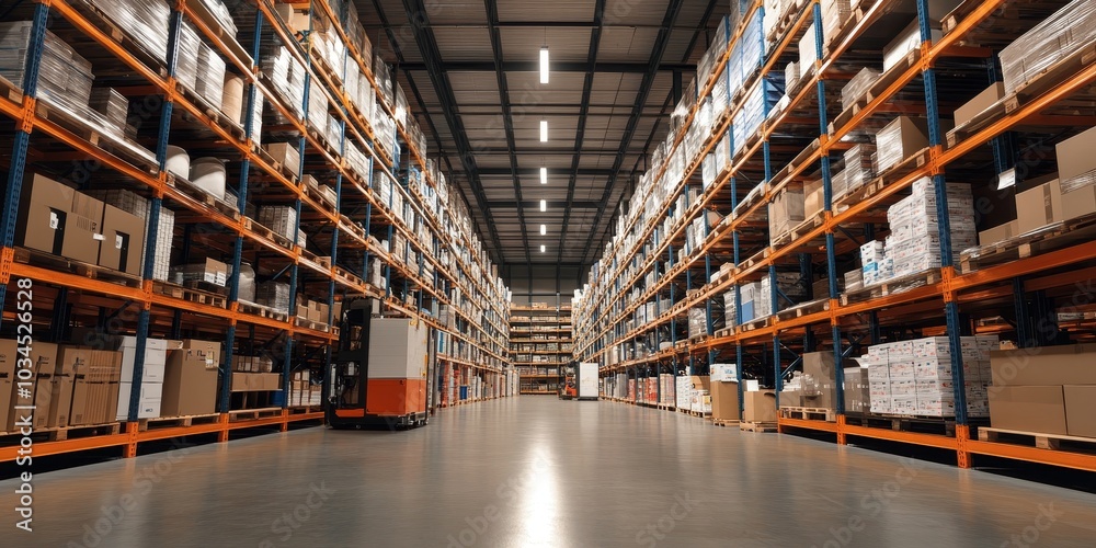 Warehouse with smart shelves, automated inventory management, and high-tech sorting robots for rapid order fulfillment Warehouse with smart shelves, automated inventory management, and high-tech sorting robots for rapid order fulfillment