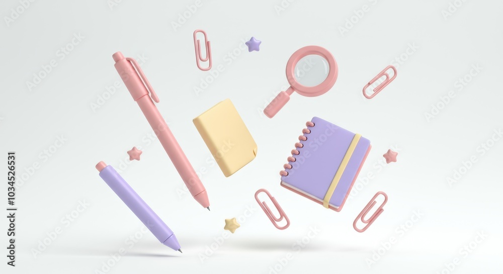 Pastel-colored stationery including pens, paper clips, notebook, magnifying glass, and stars Minimalist colorful design Pastel-colored stationery including pens, paper clips, notebook, magnifying glass, and stars Minimalist colorful design