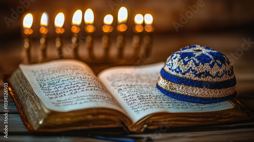 Antique siddur and kippah on a wooden table with lit menorah in the background celebrating the hanukkah jewish holiday photo