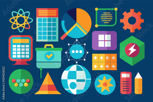 A vibrant collection of educational icons representing science, technology, and data analysis arranged creatively on a blue background
