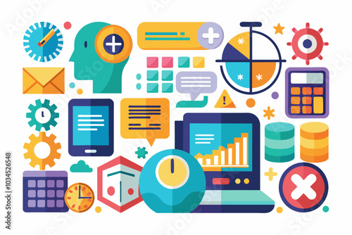 A vibrant collection of educational icons representing science, technology, and data analysis arranged creatively on a blue background