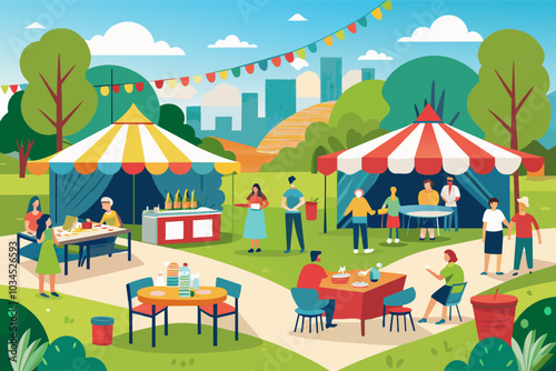 Community festival in a scenic outdoor park with colorful tents, games, and families enjoying activities in the afternoon