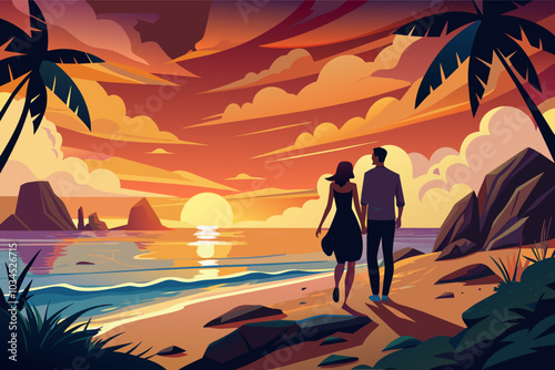 A romantic couple walking along a tropical beach at sunset, framed by palm trees and gentle waves, capturing a moment of tranquility and connection in nature