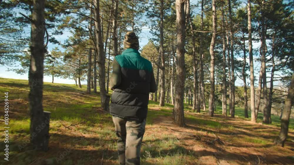 Man back view while jogging through a peaceful woodland path in camouflage attire. Man back view while jogging through a peaceful woodland path in camouflage attire.