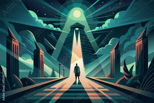 A solitary figure stands in a surreal landscape at night, surrounded by stylized buildings and illuminated by dramatic lighting, creating a mystical atmosphere