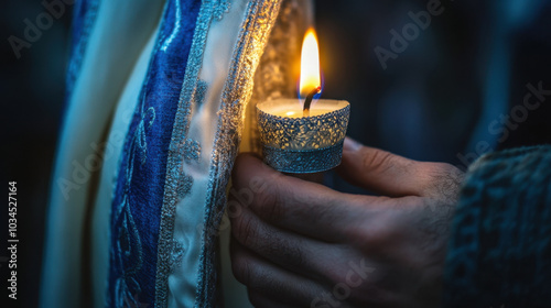 Close-up of hand holding hanukkah candle with blue and silver decorations, celebrating hanukkah jewish holiday