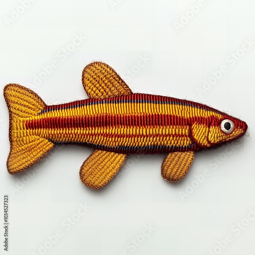 A close-up of a detailed embroidered fish with red, yellow, and blue threads. photo