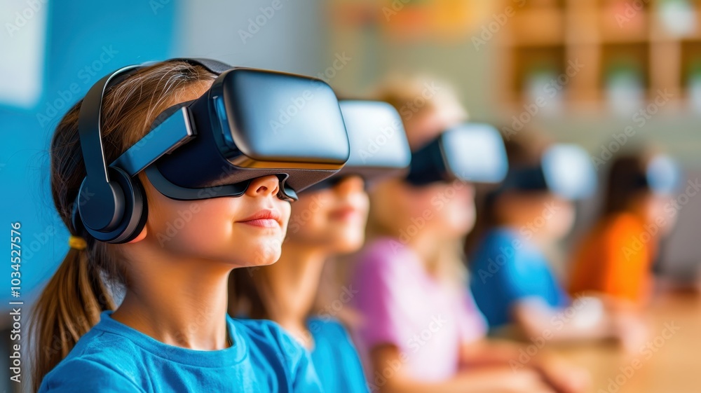 Future of Learning: Students Engaged in Virtual Reality Lesson with Copy Space for Text Future of Learning: Students Engaged in Virtual Reality Lesson with Copy Space for Text