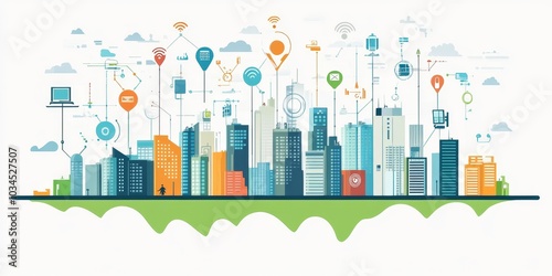 Digital cityscape with lines and icons linking smart devices and buildings, illustrating IoT network and tech communication