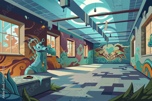 A vibrant mural in an abandoned room filled with debris and overgrown plants, casting shadows on the graffiti-covered walls during daylight hours