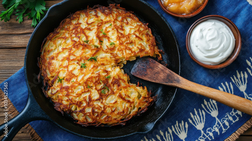 Delicious crispy potato latkes in a cast iron skillet with sour cream and applesauce on a wooden table, perfect dish for celebrating hanukkah jewish holiday photo