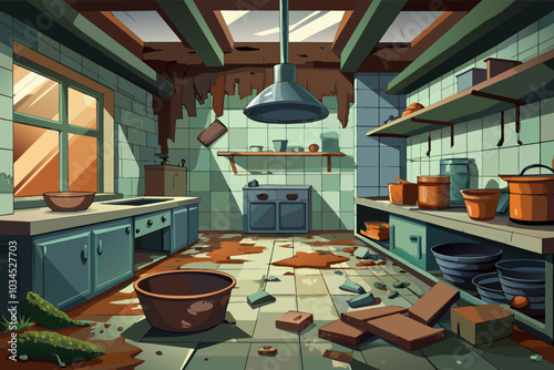A neglected kitchen with dirty dishes and spilled food in a rural setting during daylight, showcasing the aftermath of a chaotic cooking session
