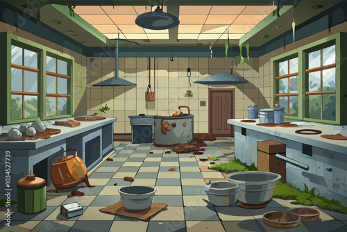 A neglected kitchen with dirty dishes and spilled food in a rural setting during daylight, showcasing the aftermath of a chaotic cooking session