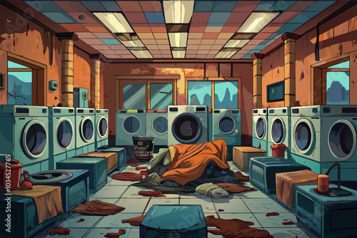 A dilapidated laundromat with abandoned machines and a mysterious figure draped in a blanket during the day in a desolate area, showcasing signs of neglect and decay
