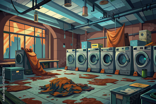 A dilapidated laundromat with abandoned machines and a mysterious figure draped in a blanket during the day in a desolate area, showcasing signs of neglect and decay