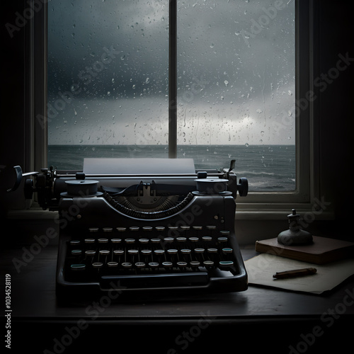 Dimly lit desk in front of a window with ocean wiev calming workstation best suited for writing  photo