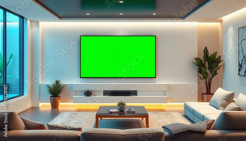 living room interior with green screen TV 
