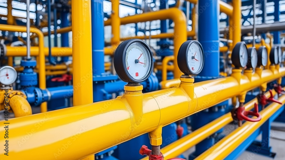 Yellow and blue industrial pipes with pressure gauges Yellow and blue industrial pipes with pressure gauges