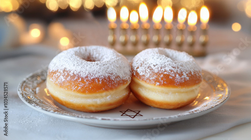 Powdered sufganiyot on plate with star of david and lit menorah in soft light for hanukkah jewish holiday
