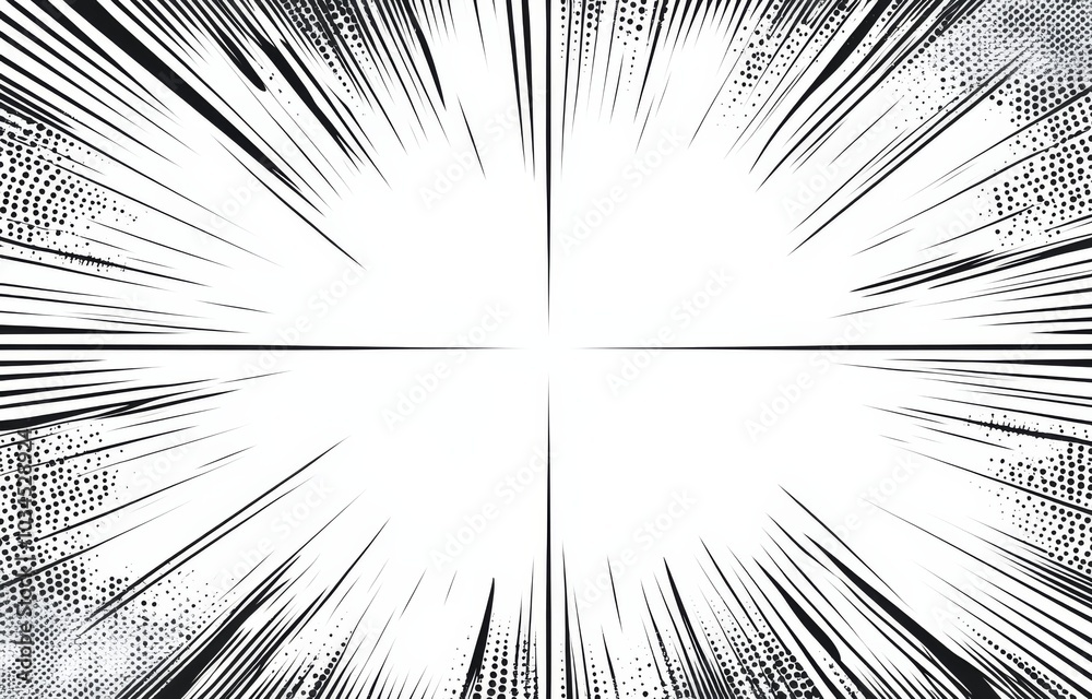 Obraz premium Dynamic Comic Book Background with Four Panels and Halftone Pattern, Featuring Sun Rays and Sharp Lines.