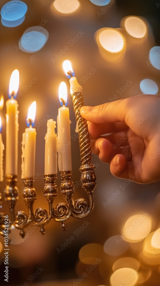 Person lighting hanukkah candles on a menorah for the festival of lights Person lighting hanukkah candles on a menorah for the festival of lights