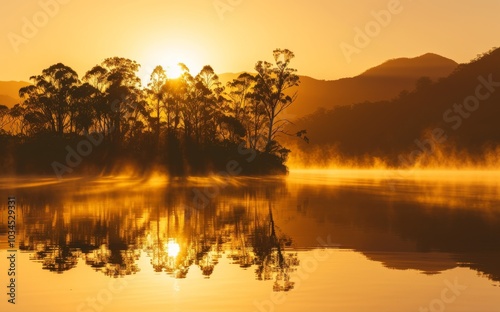 Capture the beauty of a misty lake at sunrise, featuring silhouetted trees and mountains in backdrop