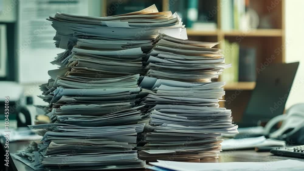 A large stack of paper sits on an office desk, suggesting a busy workday